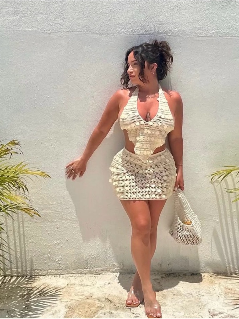 Cream Crochet Halter Mini Skirt Set - Women's Summer Skirt